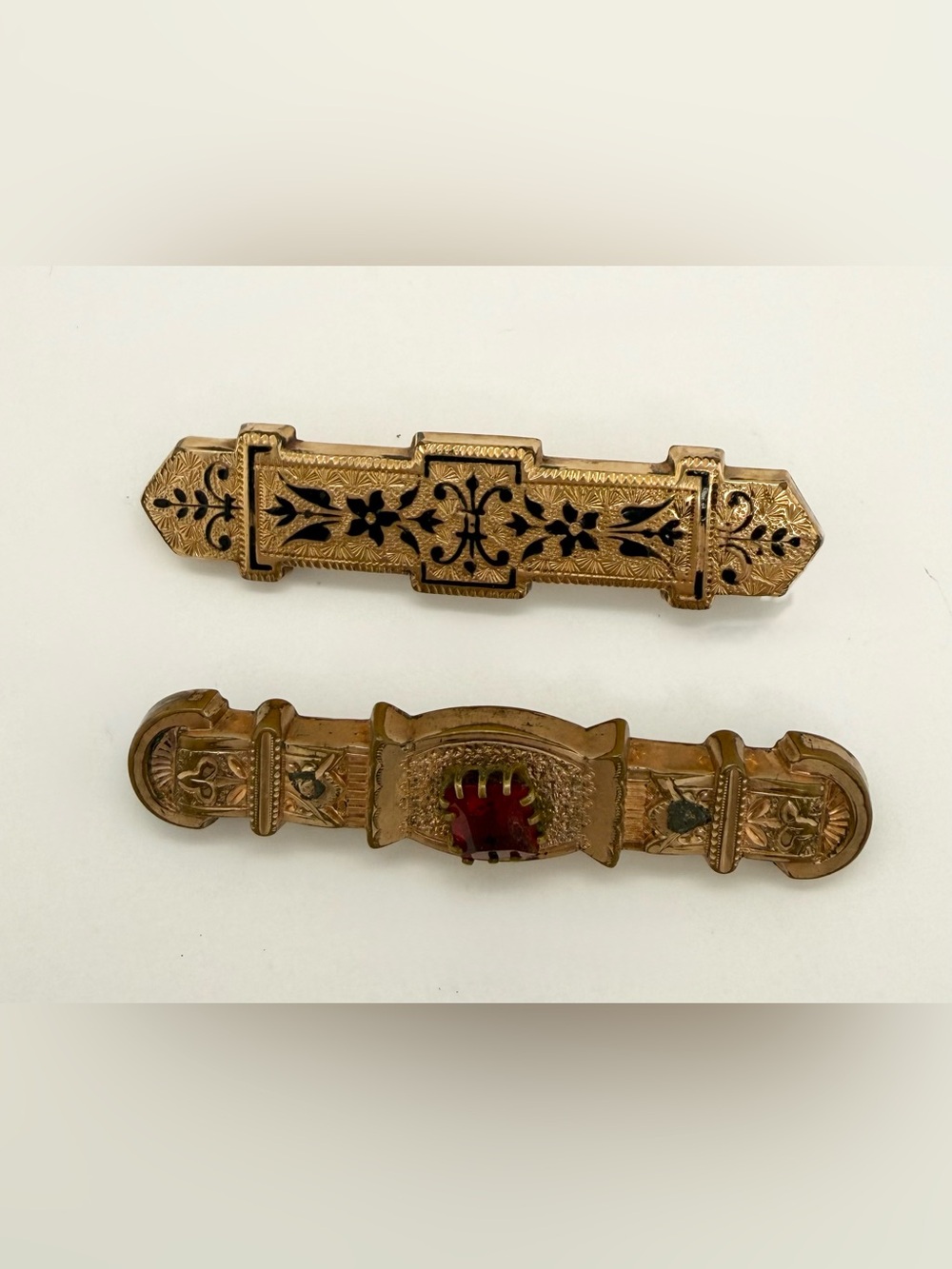 Vintage Victorian Gold Filled Floral Filigree Brooch Pin Red Rhinestone Enamel